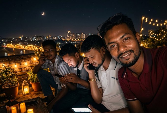 The image shows four men sitting together, with one of them holding a cell phone. They are all smiling at the camera, suggesting they might be friends or acquaintances enjoying each other's company. The background features a city skyline under a dark sky, adding an urban touch to the scene.