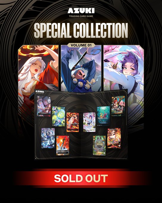 Promotional image for the "Azuki Trading Card Game Special Collection Volume 01," displayed with a "SOLD OUT" banner at the bottom, featuring artwork of three anime-style characters alongside a display of collectible cards. The image directly supports the caption by visually confirming that the featured Azuki TCG Special Collection Volume 01 has sold out, encouraging viewers to sign up for future release notifications via azuki.com/mailinglist.