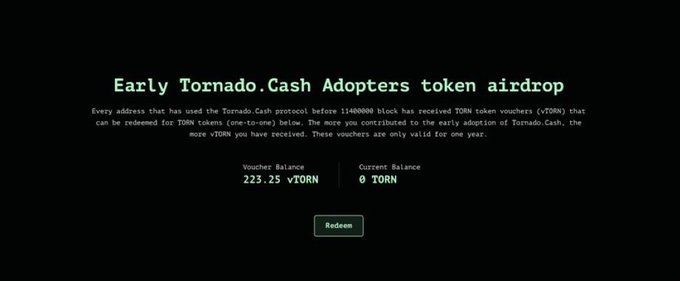 A screenshot of an "Early Tornado.Cash Adopters token airdrop" redemption page showing a voucher balance of 223.25 vTORN redeemable for 0 TORN, illustrating the post's reference to the now-worthless Tornado Cash airdrop rewards from 2020.