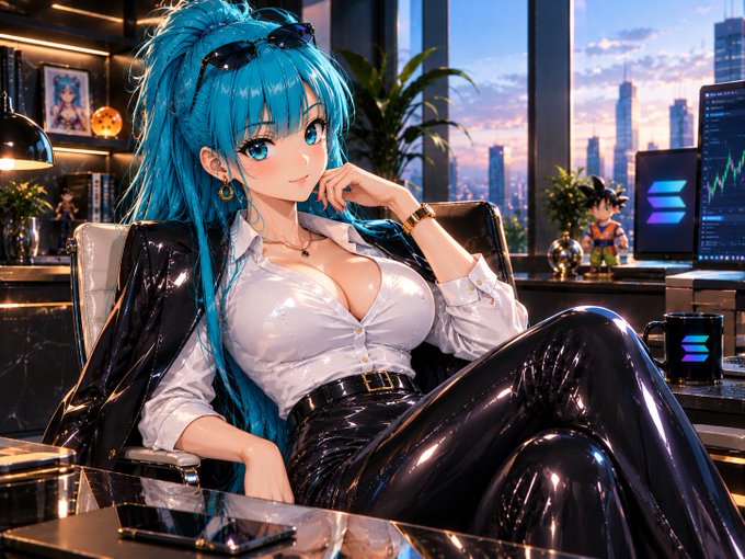 An anime-style illustration of a woman with long teal hair wearing a white blouse and black jacket, sitting in a modern office with a city skyline view.