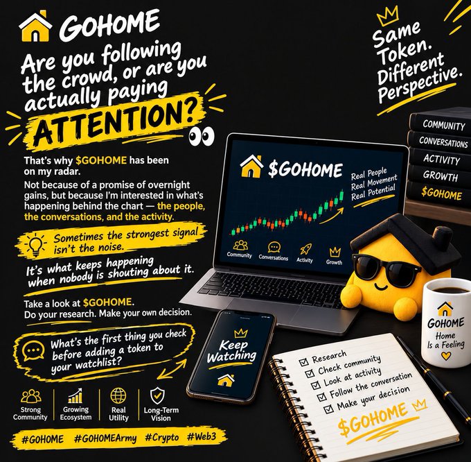 A promotional infographic for '$GOHOME' cryptocurrency featuring a yellow mascot with sunglasses, a laptop displaying a rising chart, a notebook checklist, and text emphasizing 'Real People, Real Movement, Real Potential' along with hashtags #GOHOME, #GOHOMEArmy, #Crypto, and #Web3.