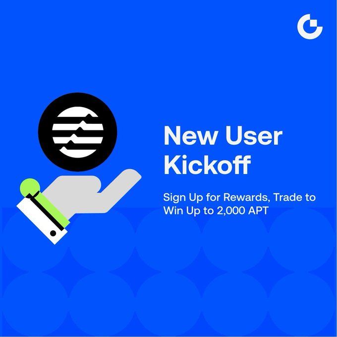 A bright blue Coinbase graphic reads “New User Kickoff” and “Sign Up for Rewards. Trade to Win Up to 2,000 APT,” alongside a stylized hand, token, and exchange logo.