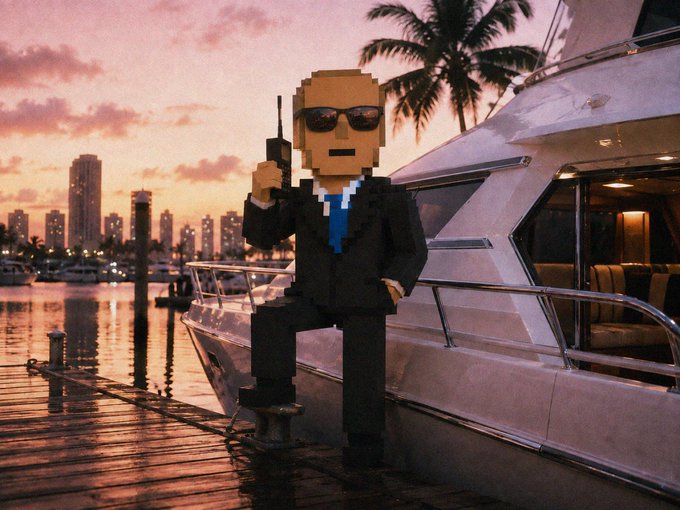 A voxel-style figure in a black suit, sunglasses, and blue tie stands on a dock holding a vintage phone, posed in front of a luxury yacht at sunset with a city skyline in the background—fitting the post's "Clock is ticking... Don't miss the boat" warning as a playful visual pun that takes "the boat" literally.
