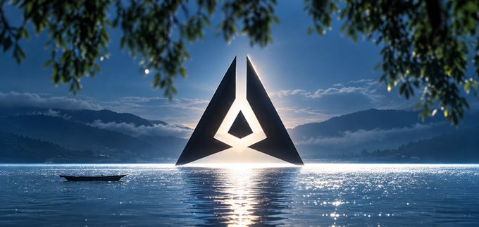 A large futuristic triangular monument with a glowing center rises from a calm body of water, with a small boat nearby and mountains in the misty background.