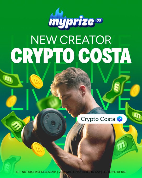 A promotional graphic from MyPrize.us announcing a new creator called "Crypto Costa," featuring a muscular man lifting a dumbbell surrounded by floating green cash and gold coins. The image aligns with the post by promoting Crypto Costa's debut stream, which includes a $1,000 giveaway, emphasizing the "MAXWINS AND BIG Ws" theme with imagery of money and strength.