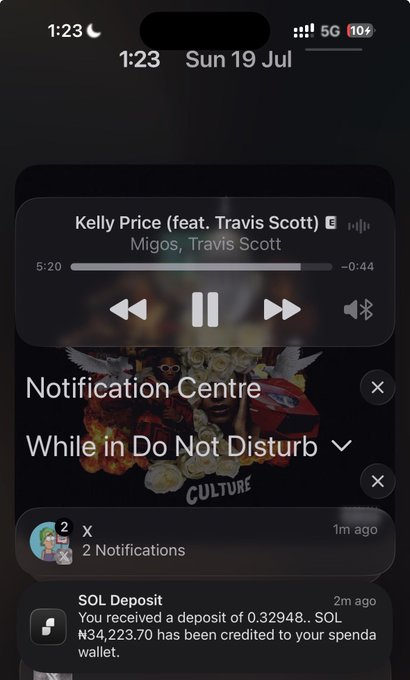 An iPhone screenshot at 1:23 AM showing the lock screen with music playing ('Kelly Price' by Migos ft. Travis Scott), Do Not Disturb mode active, and a notification for a SOL deposit of 0.32948 SOL (₦34,223.70) credited to a Spenda wallet.