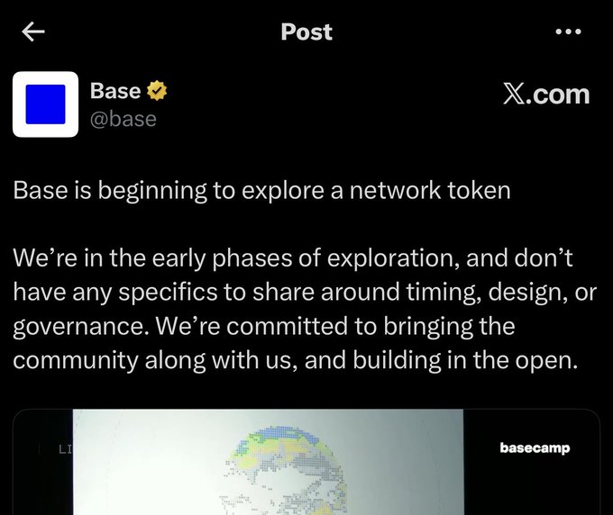 The image shows a screenshot of a computer screen displaying a social media post related to a cryptocurrency called Base. The post includes an image and text, with the caption indicating that "Base is officially exploring a network token! They are in the early stages and building this openly with the community." It also mentions that the development team has committed to bringing this project open. The message seems to be sharing some updates about the Base token or related projects on the Ethereum Layer 2 ecosystem, as it is shared across multiple platforms like Facebook and Twitter.