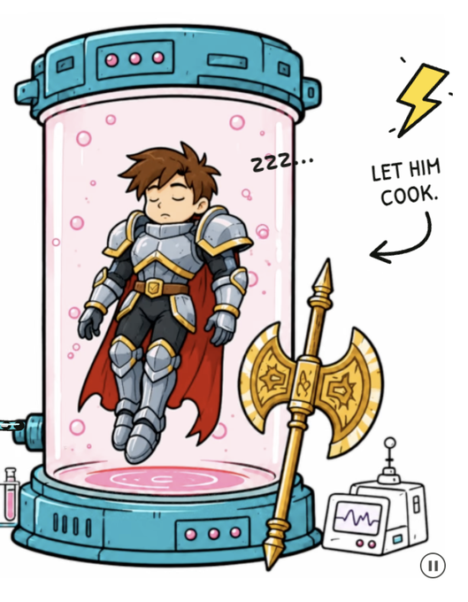 A knight in silver armor with a red cape sleeps inside a futuristic cloning pod marked "ZZZ…", while a speech bubble declares "LET HIM COOK" next to a large golden battle axe and a control panel displaying a heartbeat monitor. The image cleverly riffs on the "let him cook" meme to humorously tease that the character is still "loading" or hibernating, waiting to awaken and drop—matching the post's hype for an upcoming Artix DAO announcement.