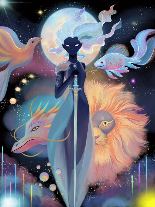 Fantasy digital illustration of a dark ethereal figure holding a glowing sword, flanked by a lion, a dragon, a bird, and a fish against a cosmic moonlit background.