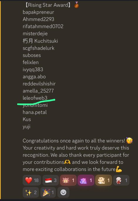 A Discord message screenshot listing "Rising Star Award" winners including usernames like bapakpreneur, Ahhmed2293, and yuii, followed by a congratulatory message and reaction emojis.