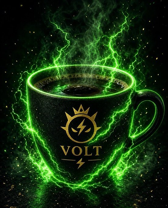 A digital image of a black coffee mug with a gold 'VOLT' logo, surrounded by glowing green lightning effects against a dark background.