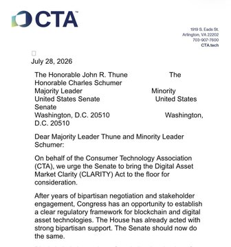 A letter from OCTA dated July 28, 2026, addressed to Senate Majority Leader John R. Thune and Minority Leader Charles Schumer, urging the Senate to pass the Digital Asset Market Clarity (CLARITY) Act for blockchain and digital asset technologies.