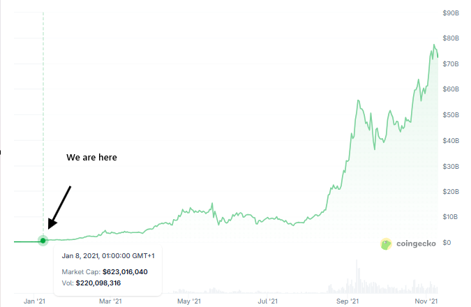 A CoinGecko line chart showing cryptocurrency market capitalization growth from January 2021 to November 2021, with a 'We are here' annotation pointing to early January 2021 when market cap was approximately $623 billion.