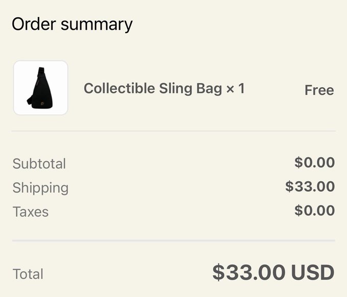 The order summary shows a free "Collectible Sling Bag × 1" with $33.00 shipping, totaling $33.00 USD, likely a shipping charge for a Bored Ape Yacht Club merchandise item that has the poster on edge.