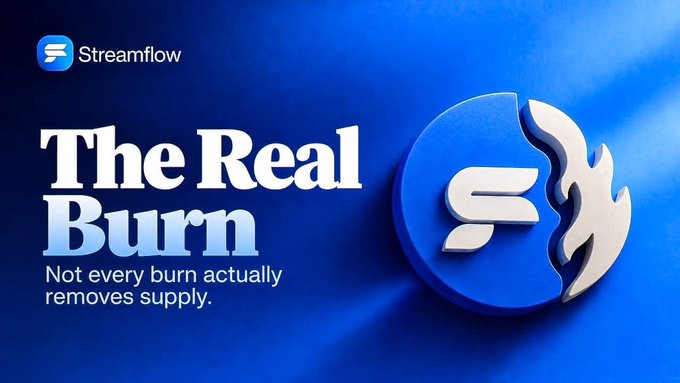 A promotional graphic for 'Streamflow' displays the headline 'The Real Burn' with the tagline 'Not every burn actually removes supply.' next to a stylized S logo with flames.