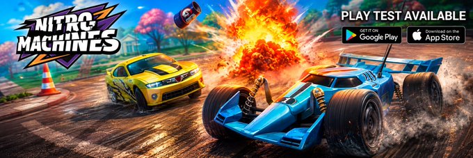 The promotional banner for "NITRO MACHINES" showcases a yellow muscle car and a blue buggy racing amid a dramatic explosion, with text announcing "PLAY TEST AVAILABLE" alongside Google Play and App Store download buttons. This dynamic action-packed image relates to the fundraising announcement by highlighting the game's high-octane racing appeal, likely to attract potential supporters and investors to the project.