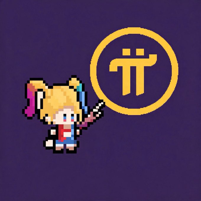 A pixel-art character with blonde pigtails points toward the Pi Network (π) logo on a purple background. The image visualizes the post's criticism of Pi Network's prolonged development timeline, which has stretched from its 2019 hype through a delayed open mainnet launch in February 2025 to an eventual mention of Protocol 27 featuring DEX, AMM, and super nodes in September 2026.