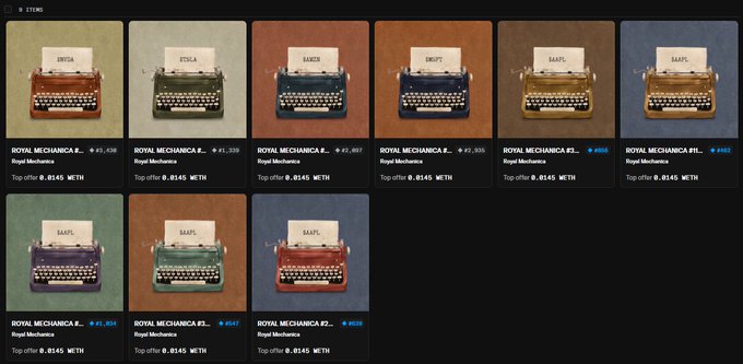 A gallery view displaying nine Royal Mechanica NFT typewriter collectibles (Royal #1805, #2086, #2146, #3095, #3135, #4181, #4346, #4347, #4639), each shown on a different colored background, all sharing a uniform top offer of Ξ0.0145, with the post emphasizing the collector's support for the project and its Web3-focused philosophy.