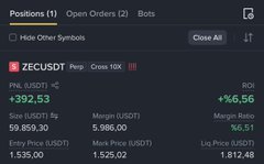 A screenshot of a Binance futures trading interface for the ZECUSDT pair shows a long position of +392.53 ZEC valued at $59,859.30 with a 16.56% ROI and $56.51 unrealized PnL. The Turkish caption questions whether this is a demo trade, playfully mocking the suggestion that such a large position would be opened in demo mode.
