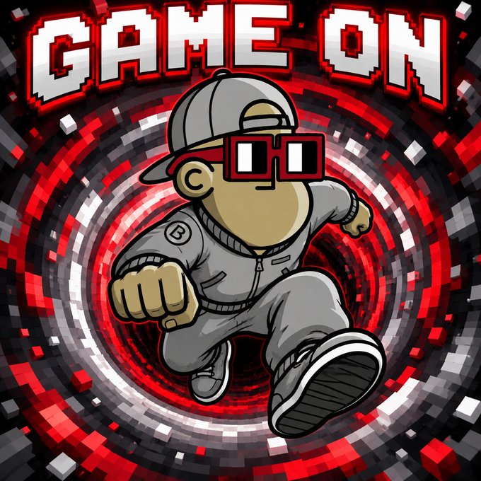 A pixel-art style character in gray streetwear, cap, and 3D glasses strikes a dynamic pose with 'GAME ON' displayed above on a red and black spiral background.