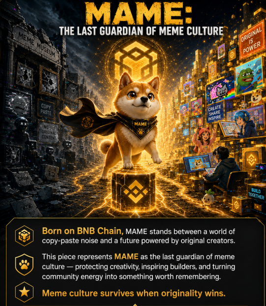 A promotional poster for 'MAME: The Last Guardian of Meme Culture,' featuring a Shiba Inu dog wearing a cape, with text explaining it was 'Born on BNB Chain' and protects creativity in meme culture.