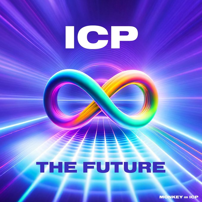 A vibrant digital graphic with a neon-lit, retro-futuristic background featuring a glowing rainbow infinity symbol, with the text 'ICP' at the top and 'THE FUTURE' at the bottom, credited to 'MONKEY ∞ ICP' in the corner.