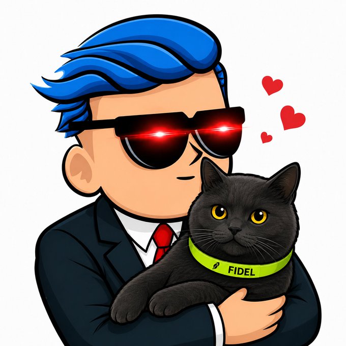 A cartoon man with blue hair and red-glowing sunglasses affectionately holds a black cat wearing a green collar labeled "FIDEL," with red hearts floating nearby—directly illustrating the post's expression of love for the favorite cat, $FIDEL.