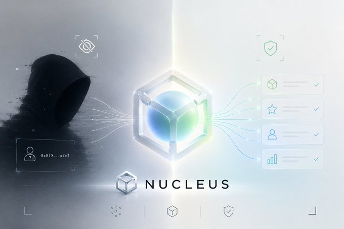 A digital security graphic showing a shadowy hooded figure being scanned by a glowing hexagonal icon labeled 'NUCLEUS', with various data checkmarks displayed.