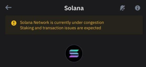 A Phantom wallet interface for Solana showing an alert: 'Solana Network is currently under congestion - Staking and transaction issues are expected.'