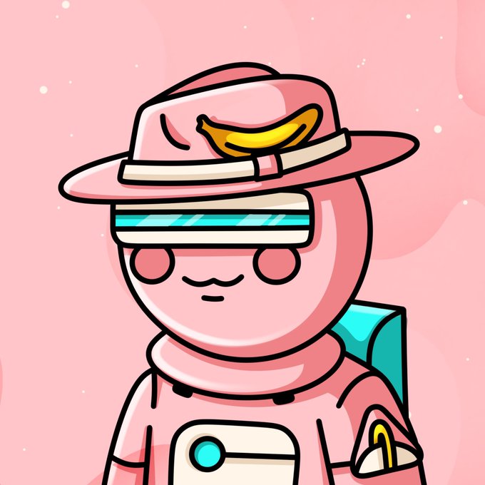 A pink-themed cartoon illustration of a character wearing a wide-brimmed hat with a banana on it, a VR headset, and a backpack, set against a pink starry backdrop.