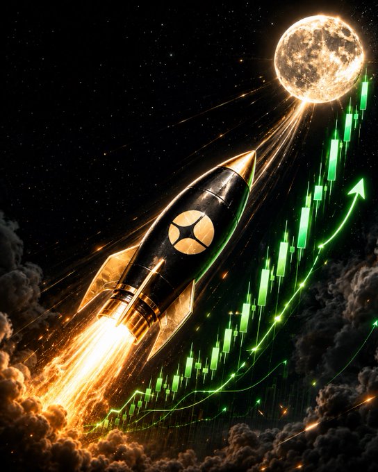 A rocket labeled with the Aster logo soars toward the moon alongside a rising green candlestick chart, visually symbolizing the $ASTER token's bullish trajectory following the announcement that its 400 million token team allocation cliff has been extended by 12 months to September 17, 2027.