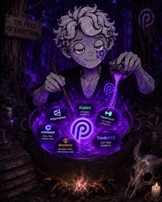 The image features a boy pouring something from a pot into a cauldron, surrounded by a skull and various other objects such as books and candles. The background has dark purple and black colors, which gives the scene an ominous feel. In addition to this, there is text on the image that says "Legends says every time a trader opens a position, a prediction market settles, or a perpetual market updates... a @PythNetwork price feed fires somewhere in the background." The focus of the image is the boy with a spooky and mysterious vibe.