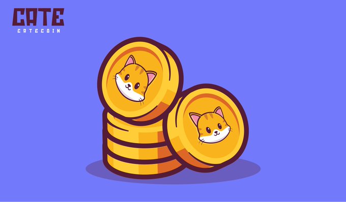 The image features cartoon-style golden coins with cute Shiba Inu dog faces (similar to the Cat-themed mascot but with dog features) stacked together against a purple background, with "CATE COTECOIN" branding in the top left corner. It serves as promotional artwork for a $CATE meme coin giveaway, where three random participants can win $100 worth of the token each by liking, retweeting, following @catecoin, and tagging crypto influencers.