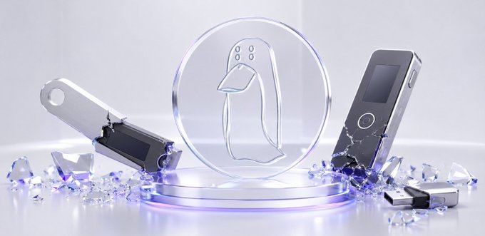 A transparent crypto hardware wallet featuring a bird emblem sits on an illuminated podium, flanked by a cracked key and shattered devices, visually symbolizing the fragility and questioned security of hardware wallets as ZACHXBT advocates replacing them with a dedicated iPhone for safer crypto storage.