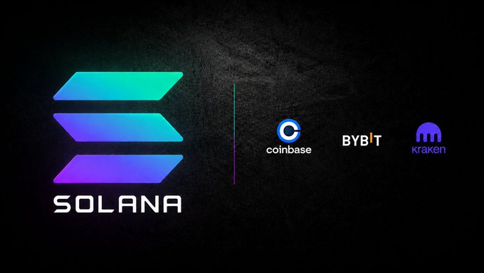 The graphic features the Solana logo and “SOLANA” alongside the Coinbase, BYBIT, and Kraken names. It illustrates the claim that Solana’s spot trading volume exceeded Coinbase, Bybit, and Kraken last week.