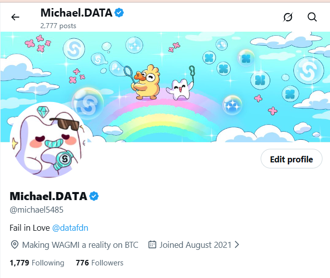 Twitter/X profile of Michael.DATA (@michael5485), a verified account with 2,777 posts and 776 followers, bio reading 'Fall in love @datafdn' and 'Making WAGMI a reality on BTC,' featuring a colorful cartoon header with ducks and a rainbow.