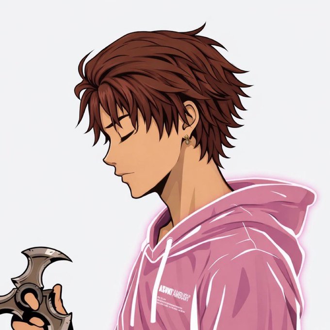 An anime character with brown hair, wearing a pink hoodie with "AMBUSH" text visible, holds a metallic weapon in his hand. This image likely accompanies a "Good Morning" (GM) post, possibly referencing the character or a brand associated with him.