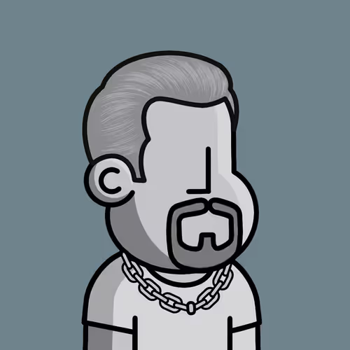 A cartoon-style illustration of a man with grey hair, a beard, and a chunky silver chain necklace against a blue-grey background.