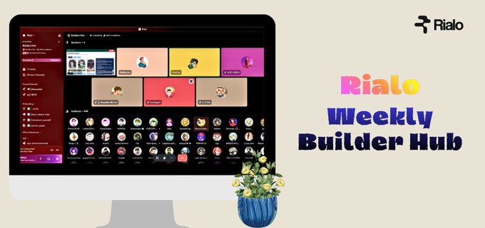 A promotional graphic featuring a desktop computer displaying the 'Rialo Weekly Builder Hub' interface with various app icons and user profiles, alongside colorful text and a potted plant with yellow flowers.