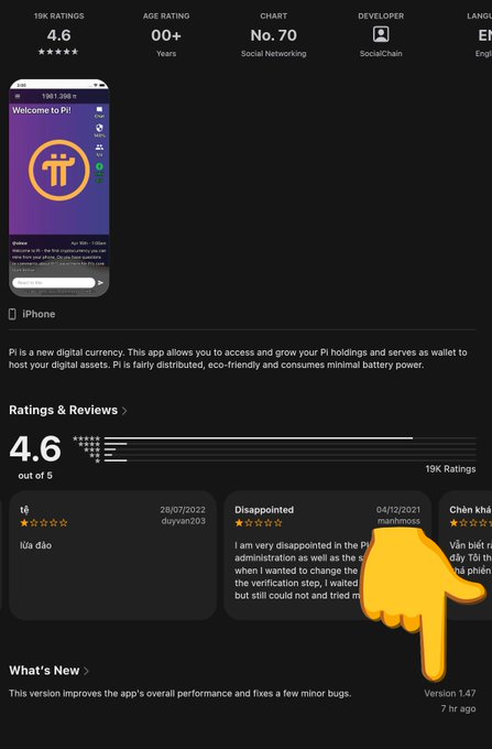 An App Store listing for the Pi Network cryptocurrency app showing it has a 4.6 rating from 19K users, with a yellow hand emoji pointing toward a negative review from user "manhmooss" titled "Disappointed" — the post notes the release of Version 1.47.