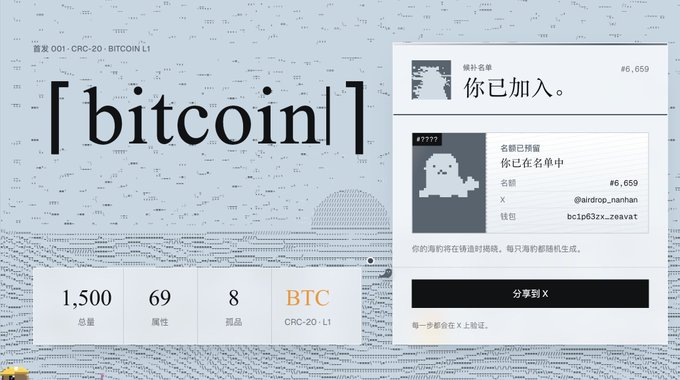 A screenshot of a Bitcoin ordinals marketplace shows a listing titled "bitcoin" with text "你已加入" (You've joined) and details for 1,500 supply, 69 attributes, 8 rarity, BTC, and the CRC-20-L1 ticker.