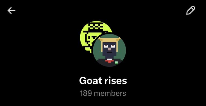 A pixel art goat logo and a character avatar displayed above the "Goat rises" community name, showing "189 members" which matches the post's reference to 189 members in the group.