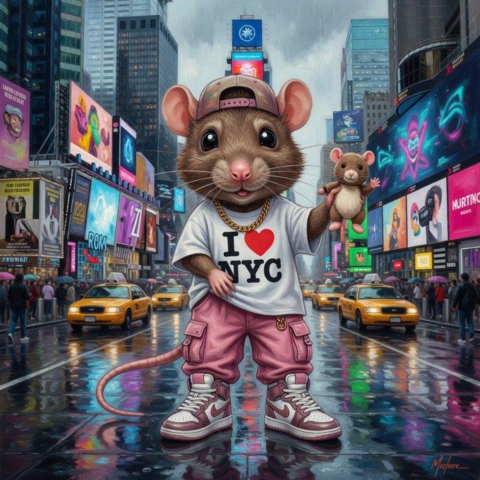 A digital illustration of an anthropomorphic mouse wearing a pink cap, gold chain, 'I ❤ NYC' t-shirt, pink cargo pants, and sneakers, holding a smaller mouse in a rainy Times Square scene with yellow taxis and billboards.