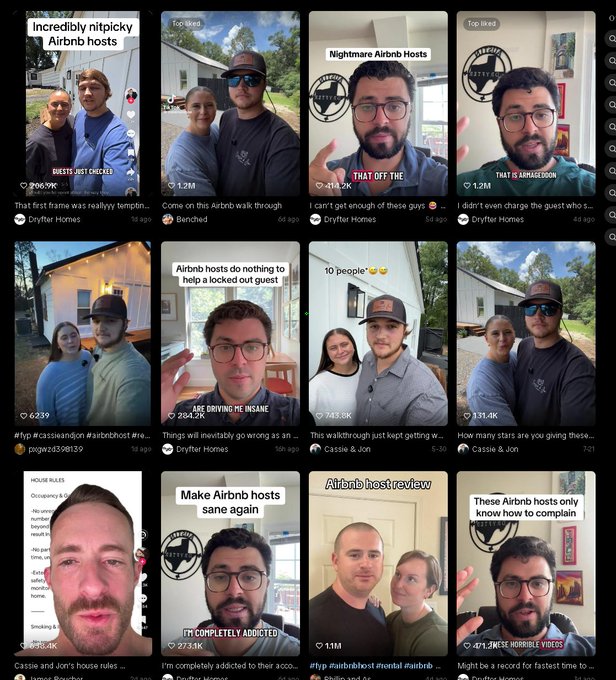 A collection of TikTok video thumbnails criticizing Airbnb hosts, with captions like 'Incredibly nitpicky Airbnb hosts', 'Nightmare Airbnb Hosts', and 'Airbnb hosts do nothing to help a locked out guest'.