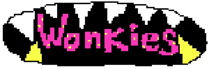 Pixel art logo with the text 'Wonkies' in pink with yellow accents on a black background.