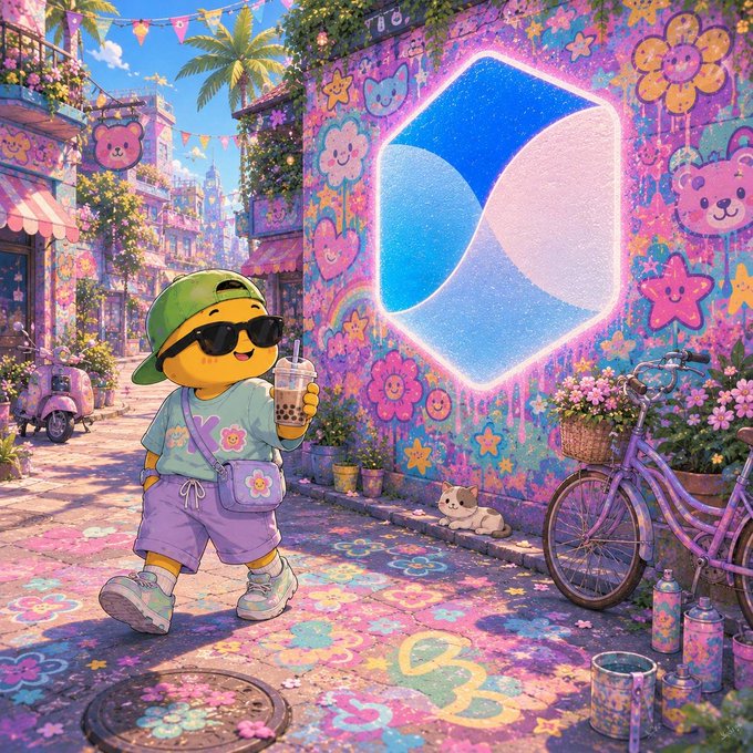 A colorful illustration of a cute character wearing a green cap, sunglasses, and a floral shirt, drinking boba tea on a vibrant street featuring a large blue S3 emblem on a graffiti-covered wall.