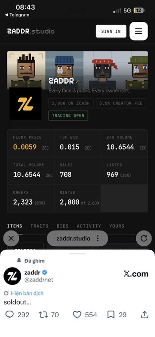 A mobile screenshot from zaddr.studio shows NFT trading stats including a floor price of 0.0059 ZEC and 24-hour volume of 10.6544 ZEC, with a Twitter post from @zaddr announcing 'soldout...'