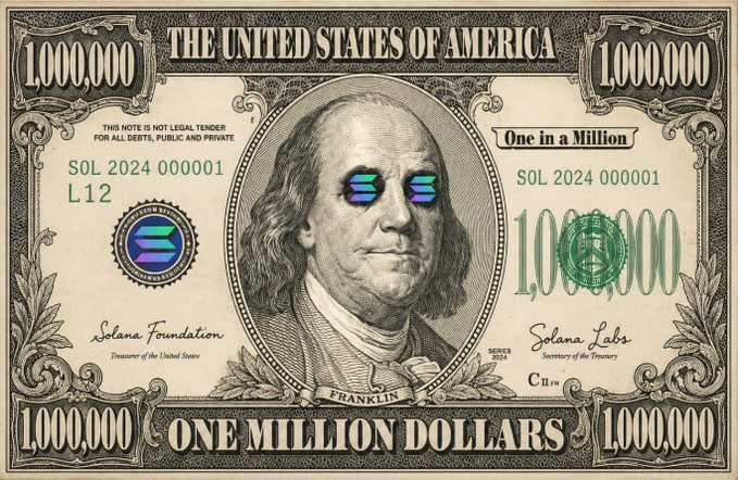 A novelty one-million-dollar bill featuring Benjamin Franklin with Solana logo sunglasses and "SOL 2024 000001" serial numbers, signed by "Solana Foundation" and "Solana Labs" — visually tying to the post's claim that Solana will mint new millionaires in 2026 by depicting the meme of becoming a "millionaire" through the cryptocurrency.