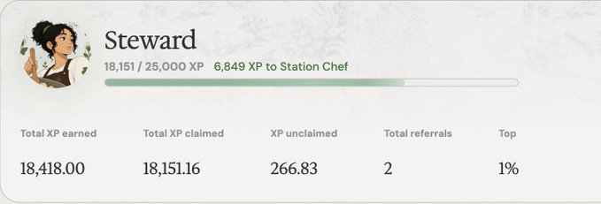 A user profile badge labeled 'Steward' showing 18,151 / 25,000 XP earned, with 6,849 XP remaining to reach 'Station Chef,' and stats including 18,418.00 total XP earned.