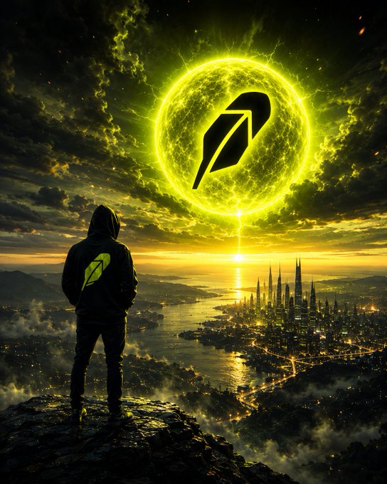 A hooded figure stands on a cliff overlooking a glowing futuristic city with a massive yellow sun bearing a leaf symbol in the sky, wearing a hoodie with the same green leaf emblem.